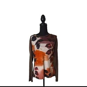 Smash! | Brown Tan Watercolor Botanical Long Sleeve Blouse Size Medium B26#13